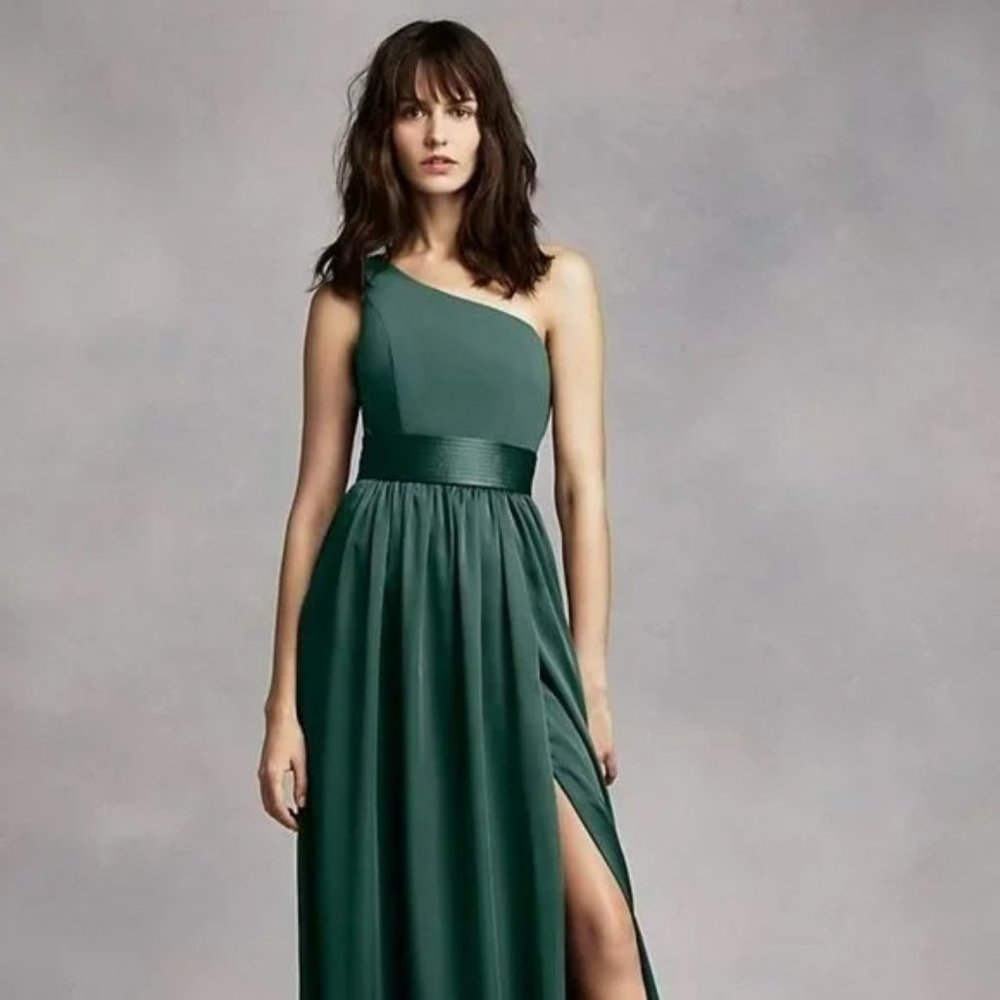Vera Wang White Green One Shoulder Maxi Wedding Bridesmaid Dress P80